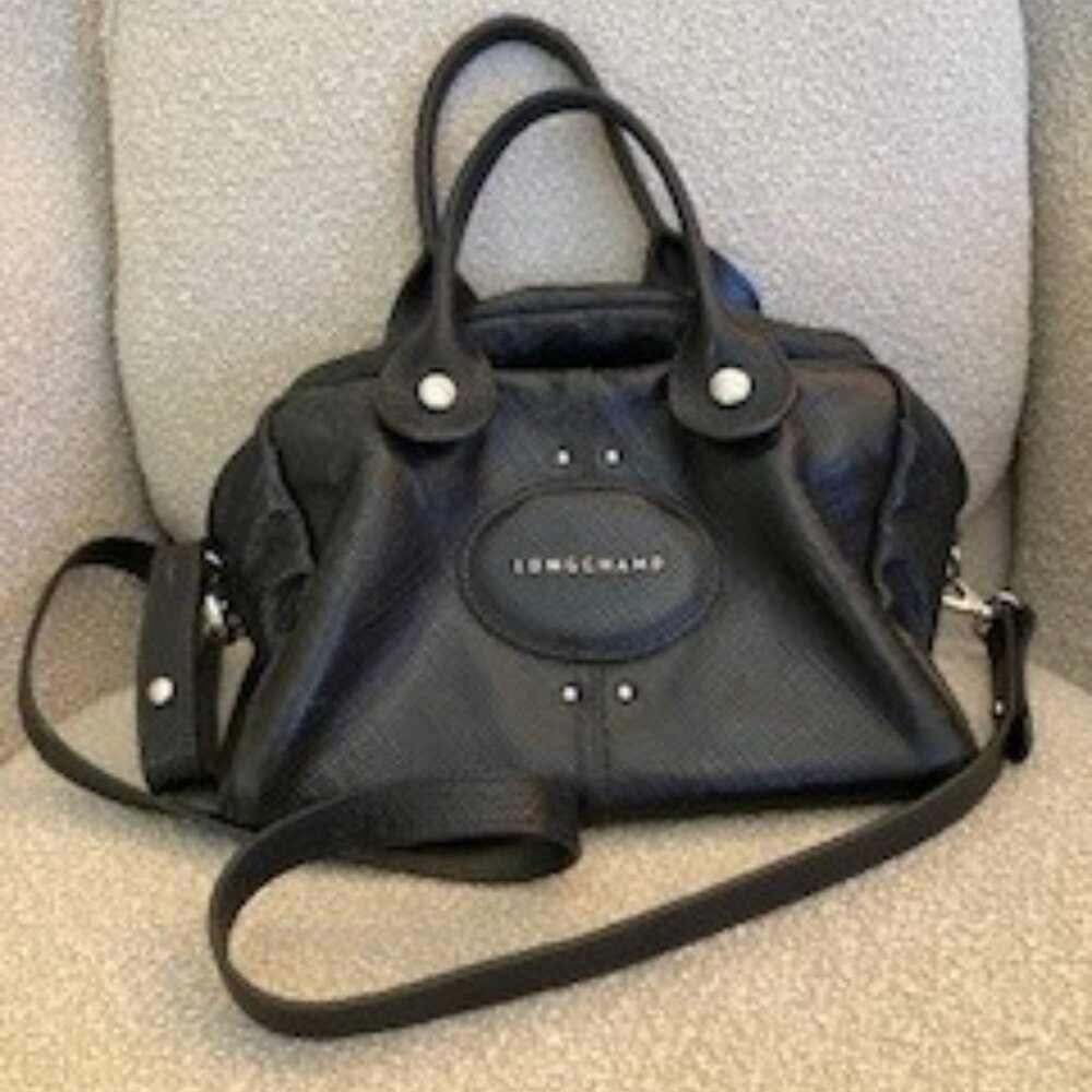 Longchamp Quadri Textured Black Leather Shoulder Bag